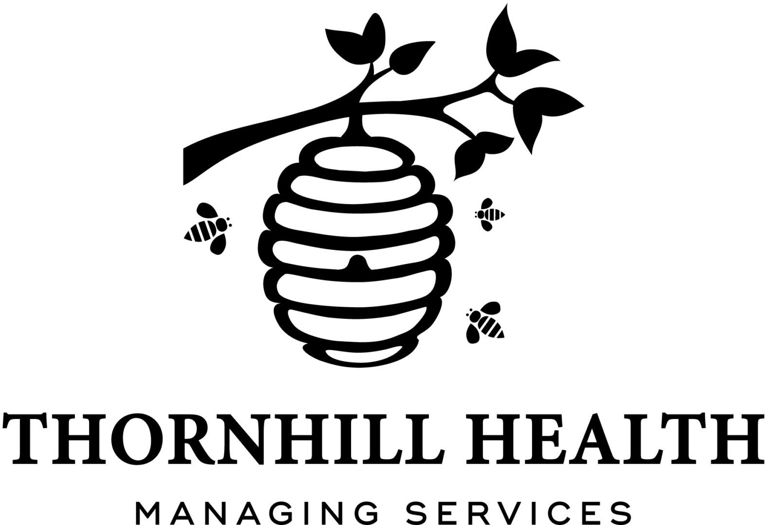 Logo of Cornhill Health Managing Services with a beehive and bees.